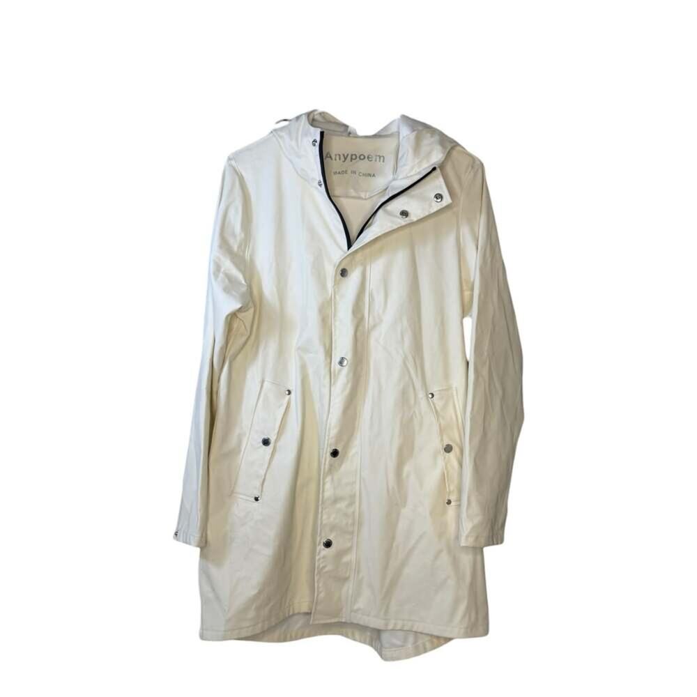 Anypoem Women's Long Off-White Waterproof Hooded Raincoat Trench - Picture 2 of 3
